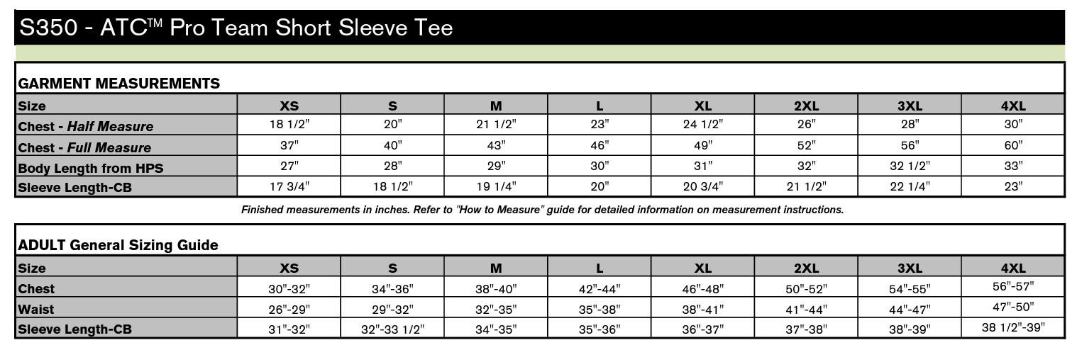 S350 SIZE CHART