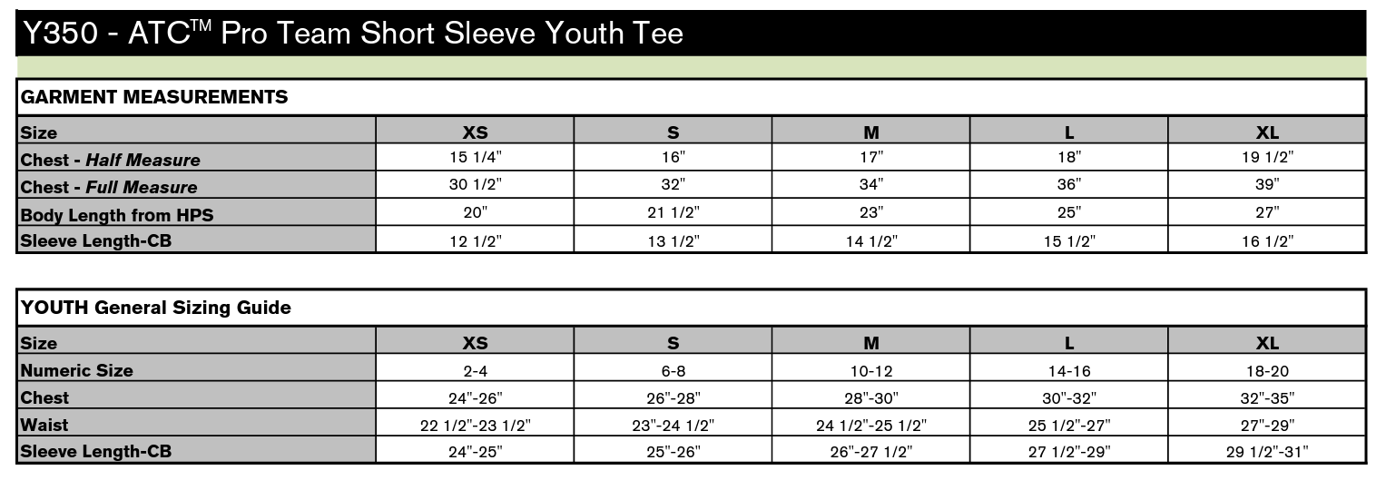 Y350 SIZE CHART