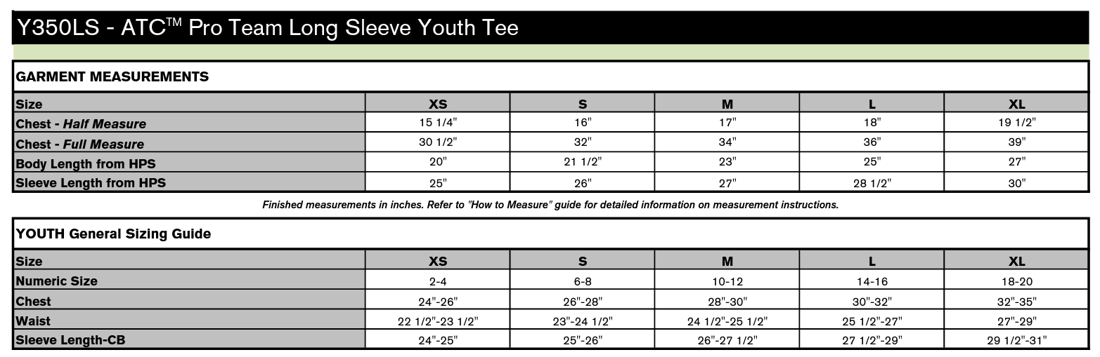 Y350LS SIZE CHART